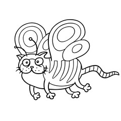 Cartoon fairy cat flight. Cute fur character. Vector illustration.