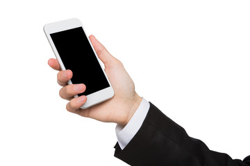 Male hand holding blank mobile phone isolated on white
