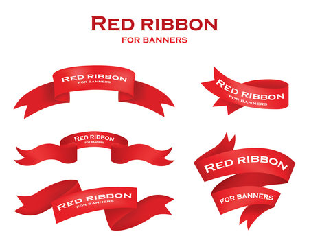 Ribbon vector icon set red color on white background. Christmas sticker and decoration for app and web. Label, badge and borders collection.