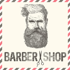 Hand drawing graphic face portrait of bearded man with barber shop grunge text
