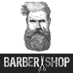 Hand drawing graphic face portrait of bearded man with barber shop text