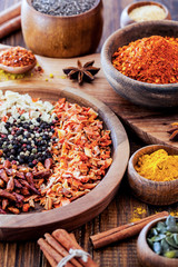 Spices and Herbs on Wooden Background