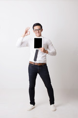 Portrait of Asian Man Isolated and Background With Gesture Sign