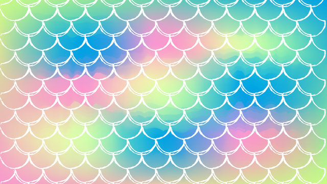 Fish scale on trendy gradient background. Horizontal backdrop with fish scale ornament. Bright color transitions. Mermaid tail banner and invitation. Underwater sea pattern. Rainbow colors.