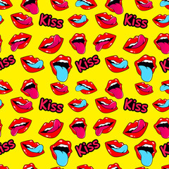 Female lips. Mouth with a kiss, smile, tongue, teeth and kiss me lettering on background. Vector comic seamless pattern in pop art retro style. Abstract seamless pattern for girls, boys, clothes.