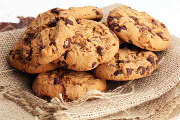 Chocolate cookies on white background. Chocolate chip cookies shot