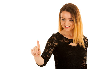 young business woman pressing a virtual button isolated over white background