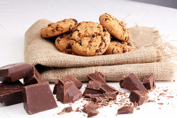 Chocolate cookies on white background. Chocolate chip cookies shot