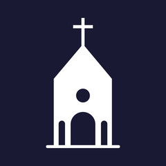 Church building icon. White vector icon on dark blue background.