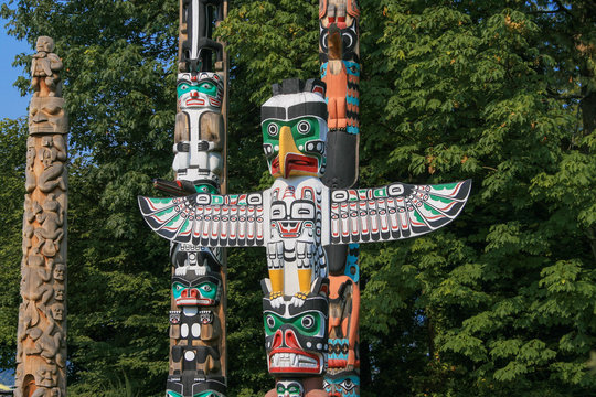 The Totem Poles at Brockton Point in Stanley Park are one of the major tourist attractions in Vancouver, British Columbia, Canada