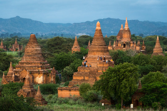 Pagodas and spires of the temples of the World Heritage site in the early morning light at Bagan, Maynmar