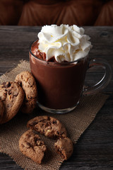 hot chocolate with cocoa and chocolate chip cookies.