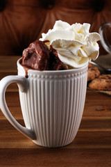 hot chocolate with cocoa in white mug