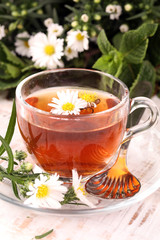 cup of tea with chamomile flowers on rustic background