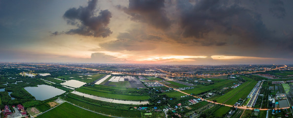 Aerial view panorama of sunset