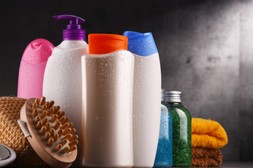 Plastic bottles of body care and beauty products