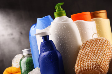 Plastic bottles of body care and beauty products