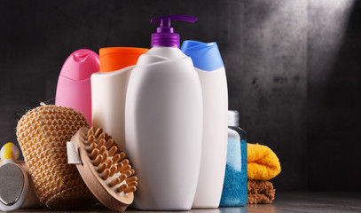 Plastic bottles of body care and beauty products