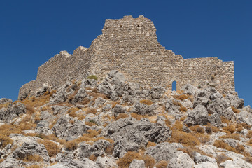 Ruins of the medieval castle in Archangelos village, Rhodes island, Greece