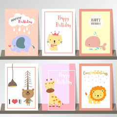 Pink collection for banners,Placards with elephant,cat,whale,bear,giraffe and lion