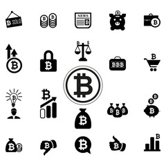 Set of icons Bitcoin. Icons with bitcoin on the topic of sale, storage, exchange and earnings. Vector illustration.
