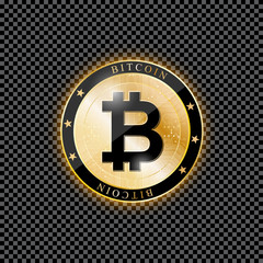 Icon of Bitcoin. A realistic Bitcoin coin on a transparent background. Vector illustration. Modern cryptocurrency.