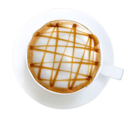 Top view of hot coffee latte art caramel macchiato isolated on white background, clipping path included