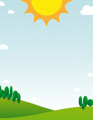 Illustration of sunny day with blue sky, nice green meadow or pasture with enough copyspace, portrait crop - 168517777