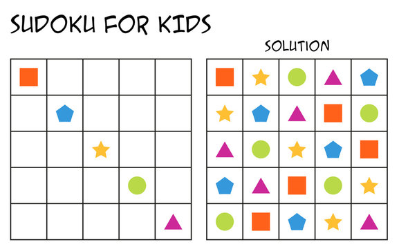 Sudoku for kids with solution, puzzle for children to complete each row or column with just one of each shapes, mental task, logical but easy challenge