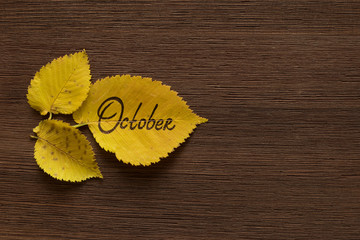 Golden leaves with the inscription OCTOBER on the brown wooden background.