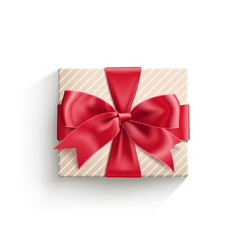 Realistic gift box tied with red ribbon with bow knot. Vector illustration isolated on white.