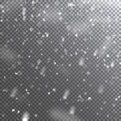 Falling snowflakes and snow. Vector illustration on transparent background. Template for winter christmas design.