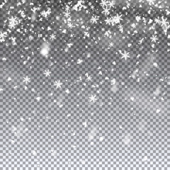 Falling snowflakes and snow. Vector illustration on transparent background. Template for winter christmas design.