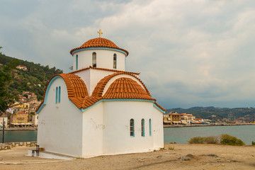 Traditional byzantine chapel Agios Petros in front in Githio town, Peloponesse, Greece.