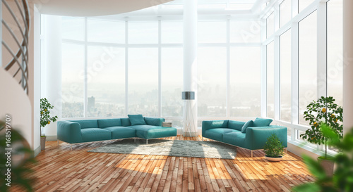 Salotto moderno in open space con vetrate e parquet, 3d stock photo ... Salotto open space
