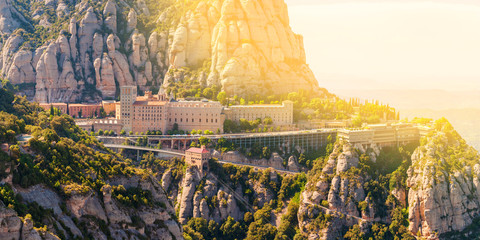 View of the Monastery of Montserrat in Catalonia, near Barcelona. Panorama from the top of the...