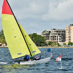 AT THE FINNISH LINE. LAKE MACQUARIE, AUSTRALIA. APRIL 17th  2013. Combined High School Sailing Championships.