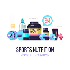 Sports nutrition. Fitness. Protein, shakers, dumbbell, energy drinks. Set of design elements. Vector illustration isolated on white background.