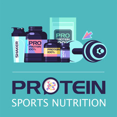 Sports nutrition. Fitness. Protein, shakers, dumbbell, energy drinks. Set of design elements. Vector illustration.