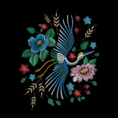 Obraz na płótnie Canvas Crane bird, flowers, rose, plant. Traditional folk stylish stylish embroidery on the black background. Sketch for printing on clothing, fabric, bag, accessories and design. Vector, trend