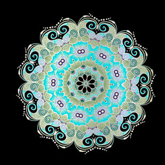 Drawing of a floral mandala in green, white and turquoise colors on a black background. Hand drawn tribal vector stock illustration
