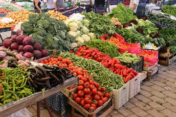 Fresh market produce of fruit and vegetables for sale in a local market