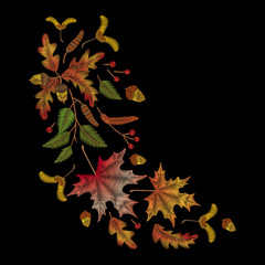 Maple, oak, autumn composition, seeds, harvest. Traditional folk stylish stylish embroidery stitch on a black background. Sketch for printing on clothing, fabric, bag, accessories and design. Vector