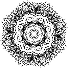 Drawing of a abstract vector with floral round lace mandala, decorative element in ethnic tribal style, black line art on a white background