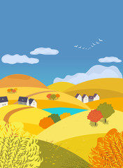 Fototapeta na wymiar Autumn outdoors landscape. Freehand drawn cartoon style. Farm houses, country winding road on meadows and fields. Rural community. Lake view among hills. Vector village countryside scene background