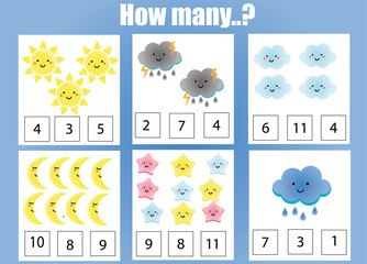 Fototapeta premium Counting educational children game, kids activity worksheet. How many objects task