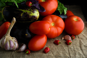 Vegetables: fresh juicy red tomatoes, eggplants, garlic