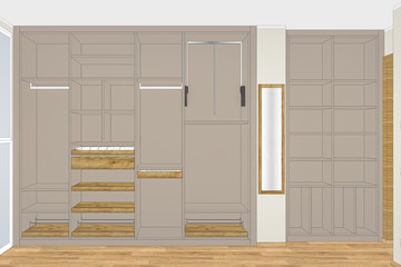 Empty classic wardrobe with many drawers in the interior. 3D illustration. Big modern wardrobe. Project management.