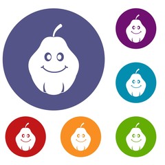 Smiling quince fruit icons set