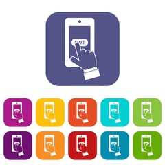 Playing games on smartphone icons set